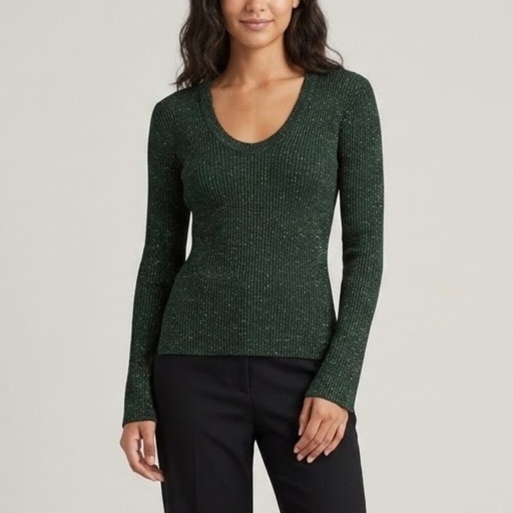 Apiece Apart Green Metallic Ribbed Scoop Neck Long Sleeve Sweater Top Medium